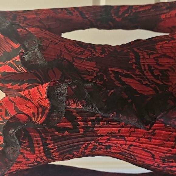 Cato Red and Black V-Neck, Floral Long Sleeve Ruffled Shirt, Indonesia, Size M - Picture 2 of 10